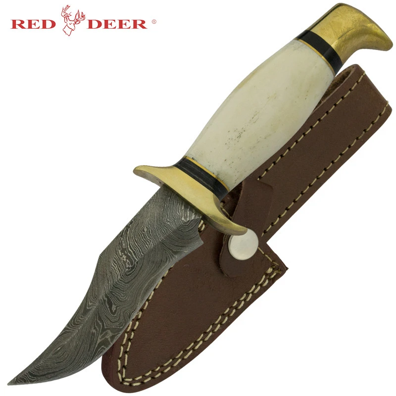 Red Deer Curved Damascus White Handle Hunting Knife